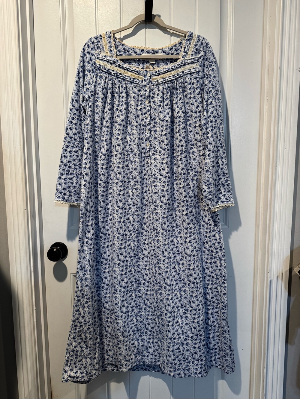 Eileen West Blue Floral Long Sleeve Cotton Fleece Nightgown with Cream Lace